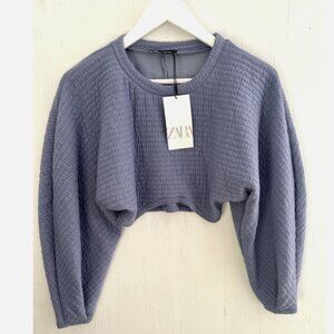 ZARA Blue Cropped Pintuck Textured Sweatshirt Knit Top Pleat Cuff Size S NWT
